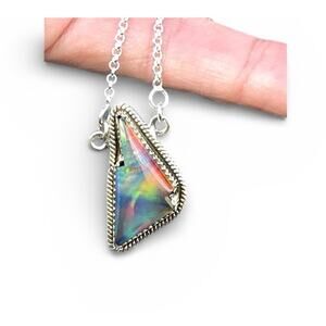 Sterling Silver Aurora Opal Lightning Pendant Necklace Southwest Boho Gift Her